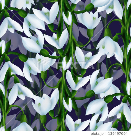 White snowdrops, green branches. Seamless floral botanical pattern. Digital watercolor hand drawn. For design of invitations, certificates, postcards, flyers, textiles, fabrics, stationery 139497094
