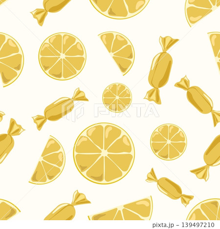 Minimalist Seamless Pattern Vector with Fresh Lemon Slices and Golden Wrapped Candies for Citrus Food Branding Textile and Sweet Packaging Design 139497210