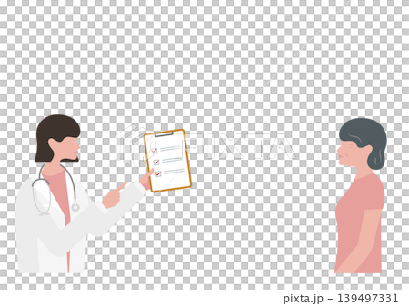Vector illustration of a female doctor explaining a checklist to an elderly woman. Vector illustration of a female doctor explaining a checklist to an elderly woman. 139497331