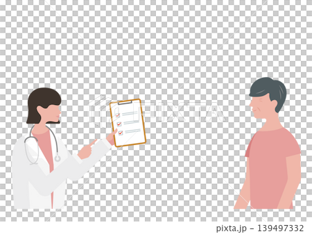 Vector illustration of a female doctor explaining a checklist to an elderly man. Vector illustration of a female doctor explaining a checklist to an elderly man. 139497332