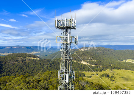 Aerial view of the top section of a telecommunications tower Aerial view of the top section of a telecommunications tower 139497383