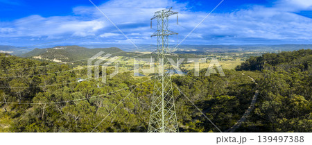 Panoramic aerial view of a transmission tower in the Kanimbla Valley Panoramic aerial view of a transmission tower in the Kanimbla Valley 139497388