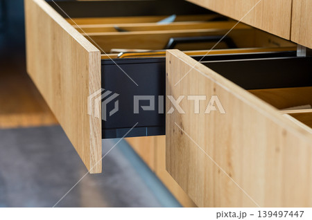 Sleek wooden drawer in focus 139497447