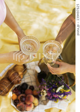Two hands clinking crystal glasses of sparkling wine during a vibrant summer picnic Two hands clinking crystal glasses of sparkling wine during a vibrant summer picnic 139497825