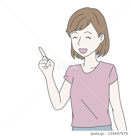 笑顔で指差しポーズをする女性のイラスト（上半身・解説・ポイント） 139497879