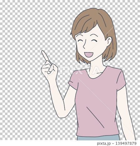 An illustration of a woman smiling and pointing (upper body, explanation, key points). 139497879