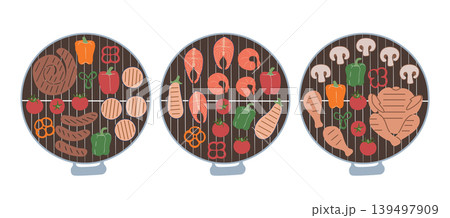 Three Grills Top View. Meat Vegetables Three Grills Top View. Meat Vegetables 139497909