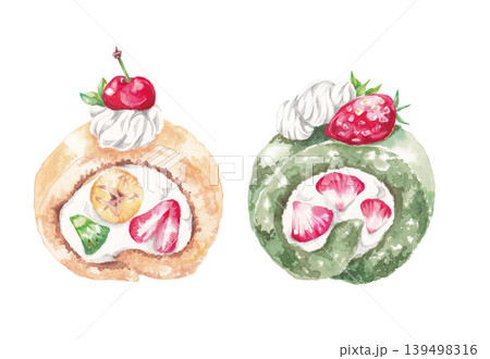 フルーツロールケーキの手描き水彩イラスト 139498316