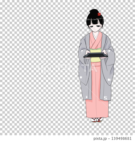 一位穿著和服的女子將錢盤遞給顧客。 139498681
