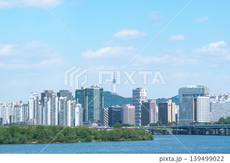 Seoul, South Korea - May. 04, 2026 : Panoramic view of Han River and N Seoul Tower on Namsan Mountain from Yeouido, South Korea 139499022