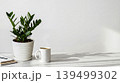 office table with computer, supplies plant in flower pot 139499302