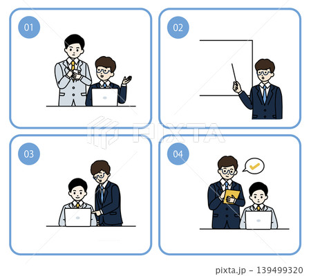 OJTの基本ステップのビジネスマンイラストセット。やってみせる、説明する、やらせてみる、評価するの4 OJTの基本ステップのビジネスマンイラストセット。やってみせる、説明する、やらせてみる、評価するの4 139499320