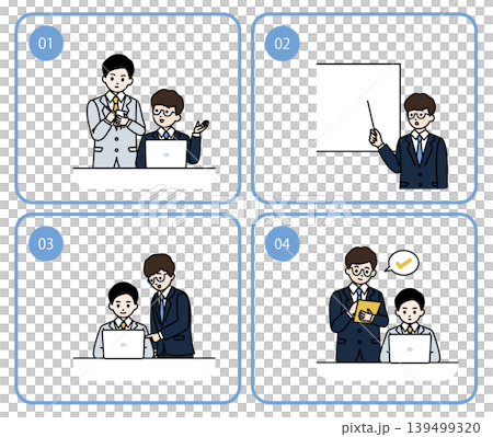 OJTの基本ステップのビジネスマンイラストセット。やってみせる、説明する、やらせてみる、評価するの4 OJTの基本ステップのビジネスマンイラストセット。やってみせる、説明する、やらせてみる、評価するの4 139499320