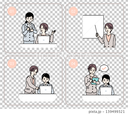 OJTの基本ステップのイラストセット。ビジネスウーマン やってみせる、説明する、やらせてみる、評価す OJTの基本ステップのイラストセット。ビジネスウーマン やってみせる、説明する、やらせてみる、評価す 139499321