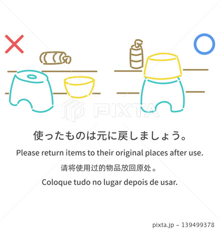 多言語の入浴マナー案内イラスト「使ったものは元に戻しましょう」 多言語の入浴マナー案内イラスト「使ったものは元に戻しましょう」 139499378