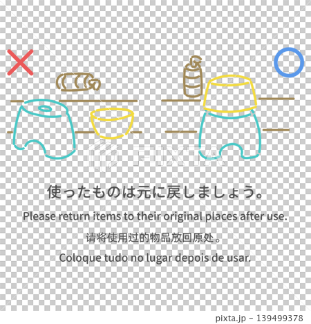 多言語の入浴マナー案内イラスト「使ったものは元に戻しましょう」 多言語の入浴マナー案内イラスト「使ったものは元に戻しましょう」 139499378