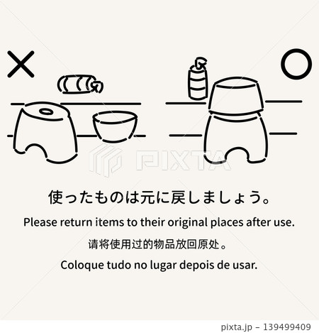 多言語の入浴マナー案内イラスト「使ったものは元に戻しましょう」 多言語の入浴マナー案内イラスト「使ったものは元に戻しましょう」 139499409