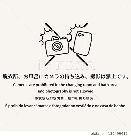 多言語の入浴マナー案内イラスト「脱衣所・お風呂での撮影・カメラ持ち込み禁止」 139499411