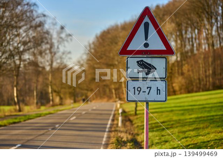 Caution for frogs on roadway Caution for frogs on roadway 139499469