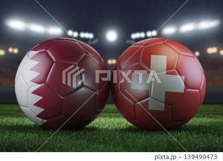 Two soccer balls in flags colors on a stadium blurred background. Qatar and Switzerland. 3D image. Two soccer balls in flags colors on a stadium blurred background. Qatar and Switzerland. 3D image. 139499473