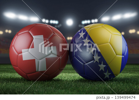 Two soccer balls in flags colors on a stadium blurred background. Switzerland vs Bosnia and Herzegovina. 3D image. 139499474