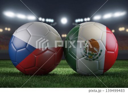 Two soccer balls in flags colors on a stadium blurred background. Czech Republic and Mexico. 3D image. Two soccer balls in flags colors on a stadium blurred background. Czech Republic and Mexico. 3D image. 139499483