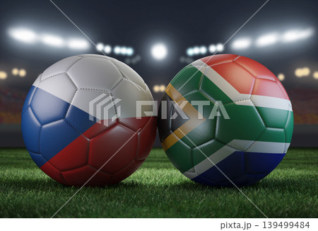 Two soccer balls in flags colors on a stadium blurred background. Czech Republic and South Africa. 3D image. Two soccer balls in flags colors on a stadium blurred background. Czech Republic and South Africa. 3D image. 139499484