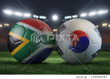 Two soccer balls in flags colors on a stadium blurred background. South Africa and South Korea. 3D image. 139499487