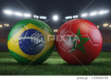 Two soccer balls in flags colors on a stadium blurred background. Brazil and Morocco. 3D image. 139499746