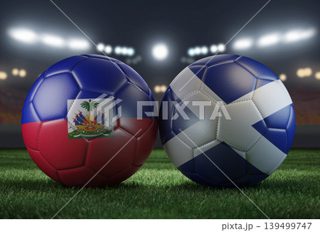 Two soccer balls in flags colors on a stadium blurred background. Haiti and Scotland. 3D image. Two soccer balls in flags colors on a stadium blurred background. Haiti and Scotland. 3D image. 139499747