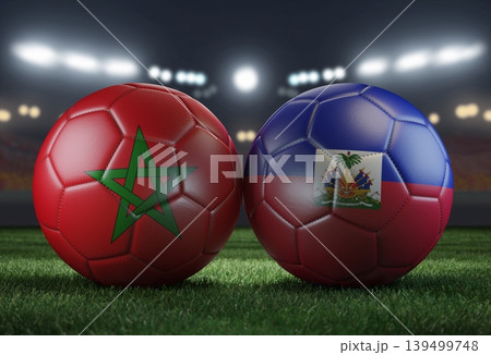 Two soccer balls in flags colors on a stadium blurred background. Morocco and Haiti. 3D image. 139499748
