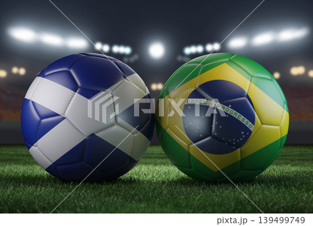 Two soccer balls in flags colors on a stadium blurred background. Scotland and Brazil. 3D image. Two soccer balls in flags colors on a stadium blurred background. Scotland and Brazil. 3D image. 139499749