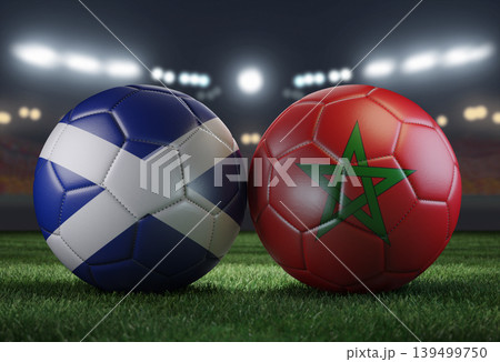 Two soccer balls in flags colors on a stadium blurred background. Scotland and Morocco. 3D image. 139499750
