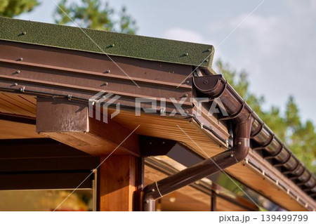 Roof line with brown gutters and wood soffit 139499799