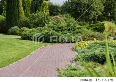 Serenity found in winding paths of a lush green garden near the city 139500476