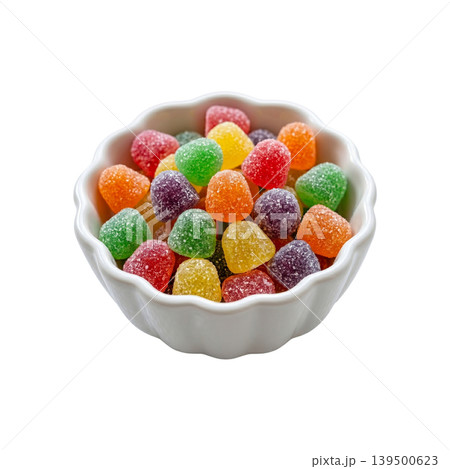 Colorful fruit jelly candy in white bowl isolated for snack advertising Colorful fruit jelly candy in white bowl isolated for snack advertising 139500623