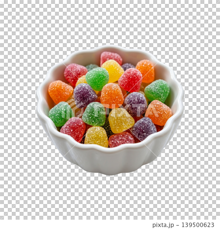 Colorful fruit jelly candy in white bowl isolated for snack advertising Colorful fruit jelly candy in white bowl isolated for snack advertising 139500623