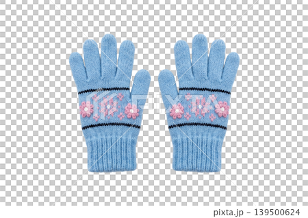 Blue knitted winter gloves with pink floral embroidery isolated Blue knitted winter gloves with pink floral embroidery isolated 139500624