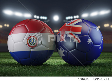 Two soccer balls in flags colors on a stadium blurred background. Paraguay and Australia. 3D image. Two soccer balls in flags colors on a stadium blurred background. Paraguay and Australia. 3D image. 139500753