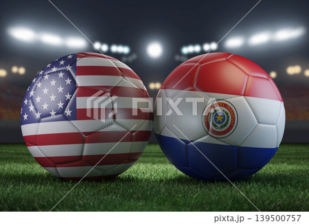 Two soccer balls in flags colors on a stadium blurred background. USA and Paraguay. 3D image. Two soccer balls in flags colors on a stadium blurred background. USA and Paraguay. 3D image. 139500757
