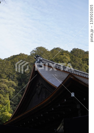 緑豊かな山を背景に建つ歴史ある神社仏閣の美しい屋根 緑豊かな山を背景に建つ歴史ある神社仏閣の美しい屋根 139501005