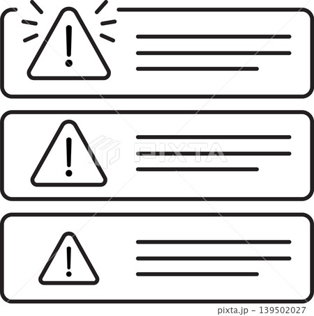 Minimalist warning alert notification list with triangular caution icons and message lines. Clean black and white outline UI element for dashboards, system alerts, error messages, and interface 139502027