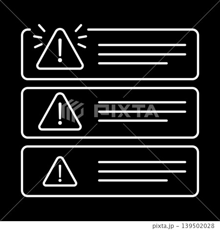 Dark mode warning alert notification panel with white monoline icons. Minimalist caution triangle and message list for dashboard alerts, error messages, and user interface components. Clean Dark mode warning alert notification panel with white monoline icons. Minimalist caution triangle and message list for dashboard alerts, error messages, and user interface components. Clean 139502028