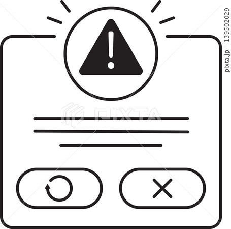 Minimalist black and white warning popup window with alert symbol, retry and cancel buttons, clean outline vector UI element for interface error messages, dashboard alerts, and notification prompts. Minimalist black and white warning popup window with alert symbol, retry and cancel buttons, clean outline vector UI element for interface error messages, dashboard alerts, and notification prompts. 139502029