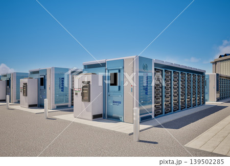 Group of energy storage systems or battery container units with blue sky background Group of energy storage systems or battery container units with blue sky background 139502285