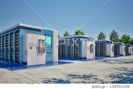 Group of energy storage systems or battery container units with blue sky background Group of energy storage systems or battery container units with blue sky background 139502286