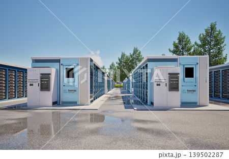 Group of energy storage systems or battery container units with blue sky background 139502287