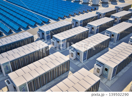 Group of energy storage systems or battery container units with solar panels Group of energy storage systems or battery container units with solar panels 139502290