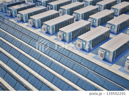 Group of energy storage systems or battery container units with solar panels Group of energy storage systems or battery container units with solar panels 139502291