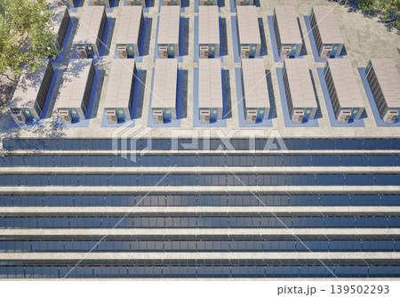 Group of energy storage systems or battery container units with solar panels Group of energy storage systems or battery container units with solar panels 139502293